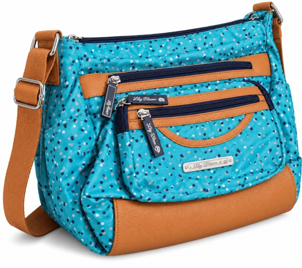 Lily Bloom Teal Polka Dot Crossbody Shoulder Bag Tan Trim Multi Pocket Purse